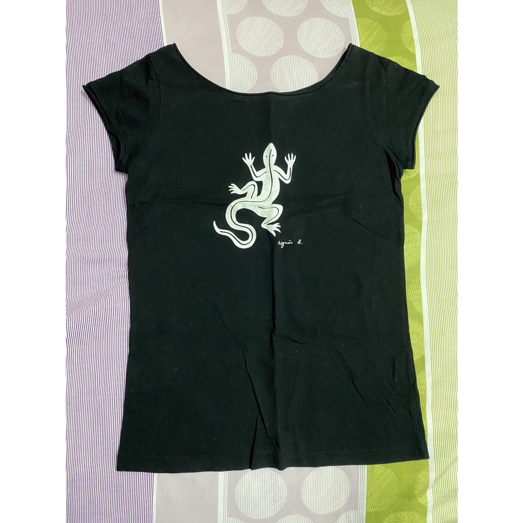 二手 女 agnes b 短袖 T恤 黑色 T1 小B 蜥蜴  logo 法文 法國 品牌 日本 專櫃 非OUTLET