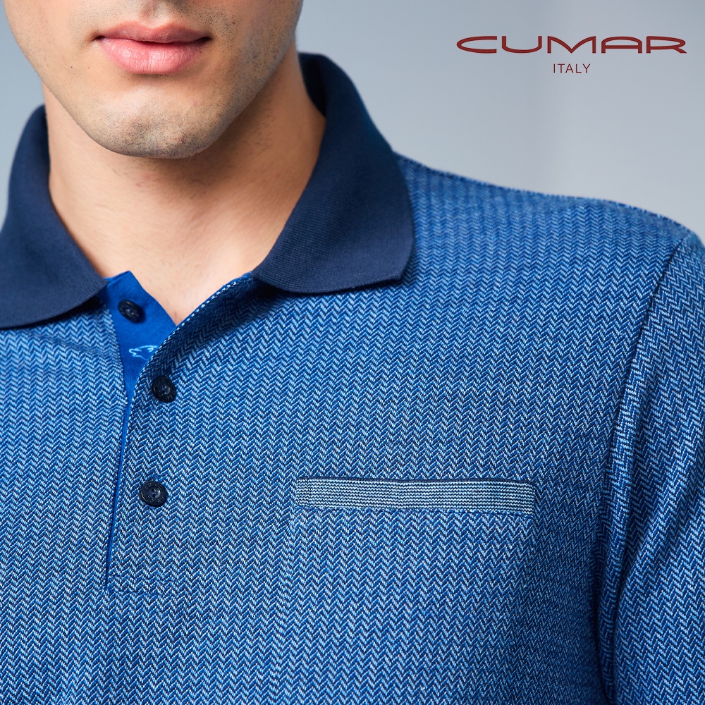 【CUMAR】男裝長袖羅紋領鋸齒組織POLO衫/179245-46藍灰
