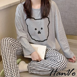 【HanVo】抖抖線條小熊格子褲睡衣套裝 舒適可愛家居服秋冬長袖長褲 韓版女裝 女生衣著 A08-5935