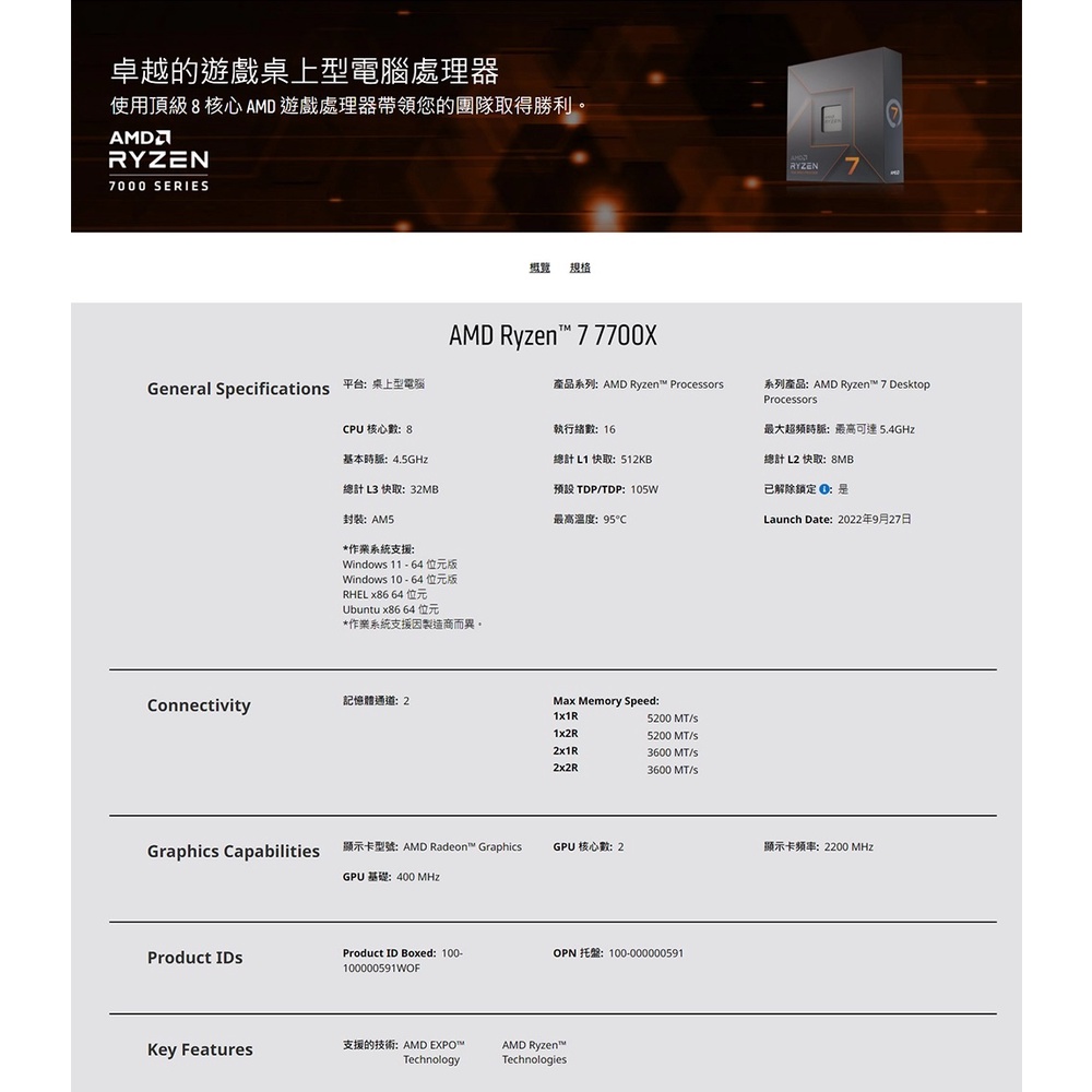 AMD R7 7700X 盒【8核/16緒】ZEN 4/AM5/Ryzen 7/5奈米/CPU處理器| 蝦皮購物