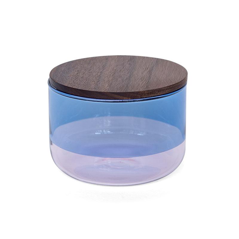 日本 AMABRO 雙色玻璃儲物罐附胡桃木蓋/ S/ 藍x粉 eslite誠品