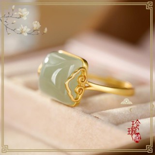 【玲瓏閣】原創S925純銀祥雲和田玉女士氣質簡約復古優雅開口玉石戒指指環戒