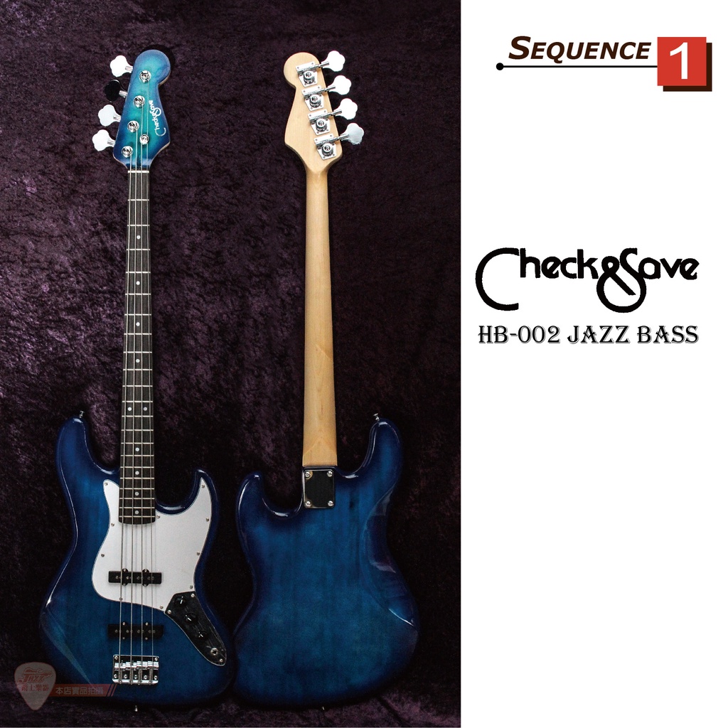 【爵士樂器】公司貨 Check-save HB-002 JAZZ BASS 藍色 電貝斯 附琴袋 背帶 導線 PICK