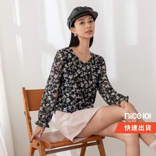 niceioi【特惠】V領碎花雪紡上衣 花上衣 長袖上衣 衣服 t恤 女裝