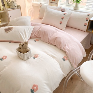 ins牛奶絨毛巾繡小清新床包組 粉色花朵 可愛少女床組 加厚法蘭絨床包組 3秒升溫 床罩組 絨床組 單人/雙人床包四件組