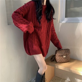 秋冬新款加厚麻花女圓領中長款針織毛衣女