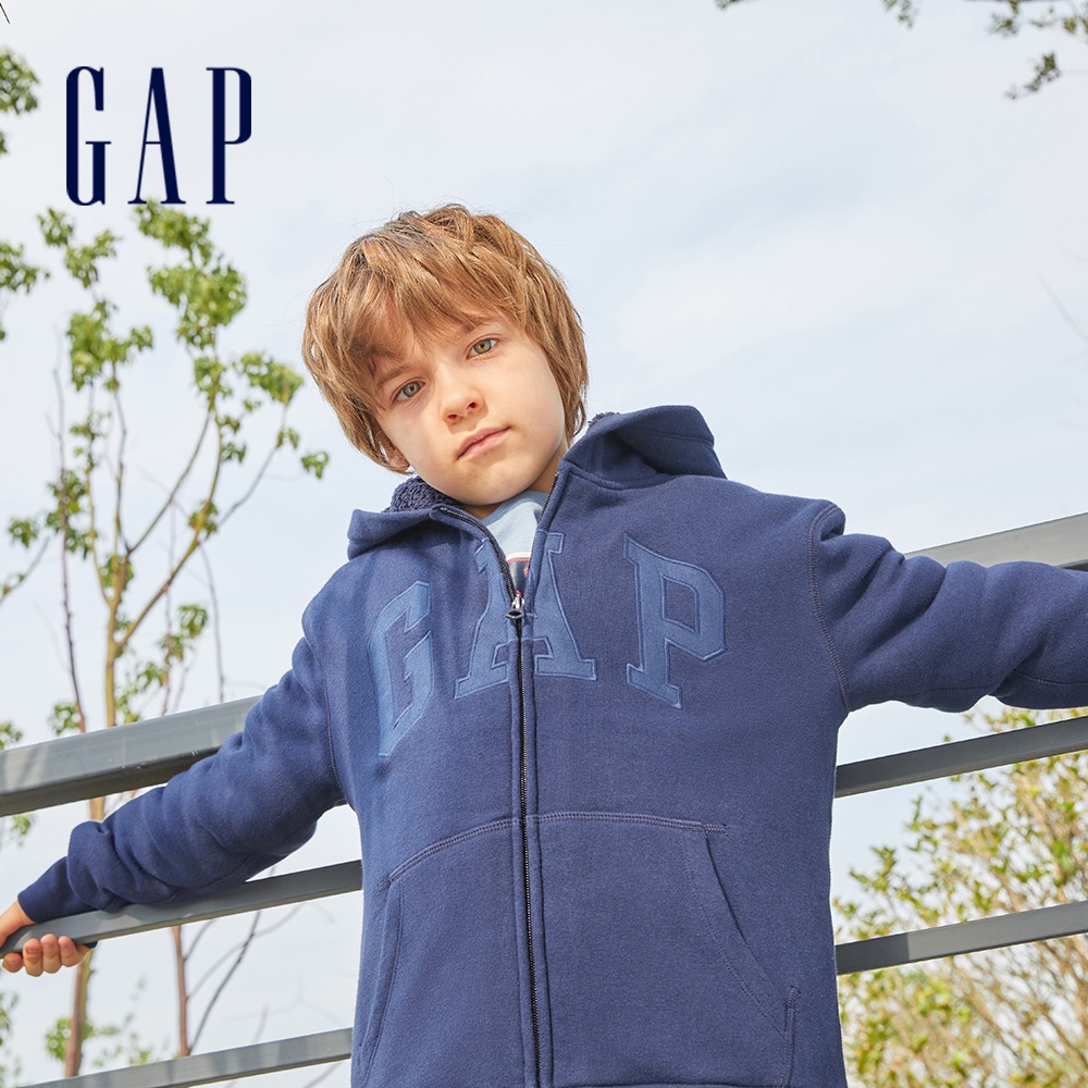 Gap 兒童裝 Logo仿羊羔絨連帽外套-藏藍色(428222)