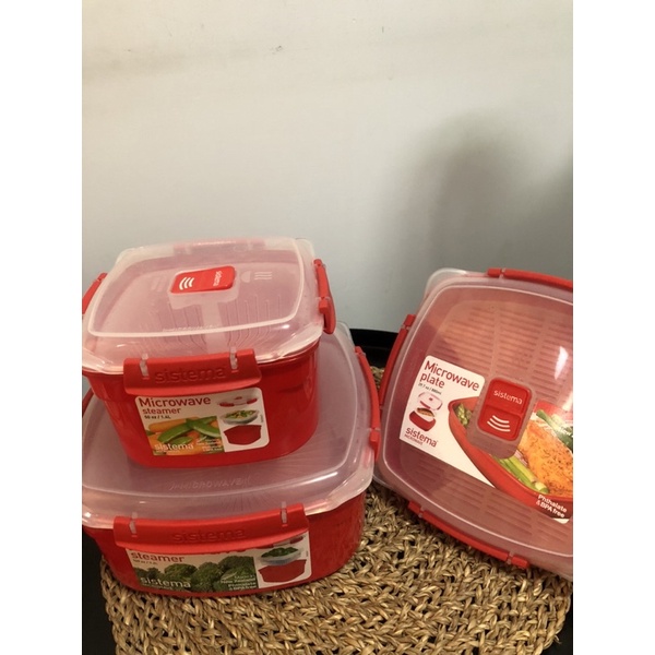 紐西蘭sistema紅色方型微波蒸煮盒 / 保鮮盒 / 蒸盤 / 便當盒 （880ml、1.4L、3.2L）