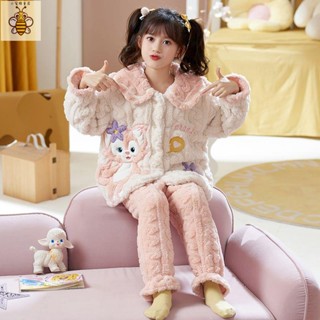 小蜜蜂童裝 女童長袖睡衣居家服兒童睡衣女童秋冬季珊瑚絨加厚套裝女孩寶寶法蘭絨公主大童家居服