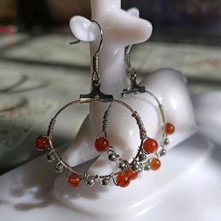 天然橙紅石榴石 金屬纏繞耳環#5806