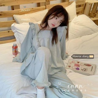 Xuan♥ins風2022新款長袖睡衣女春秋季可愛格子荷葉邊可外穿家居服套裝