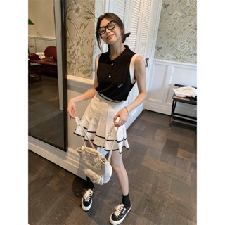 熱銷 高爾夫套裝女撞色polo衫無袖上衣氣質高腰百褶半身裙兩件套夏特價