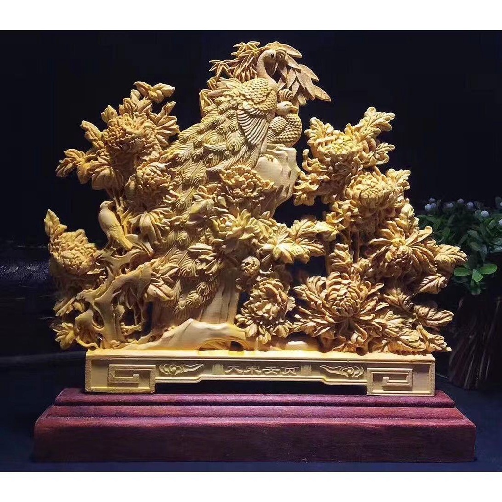 精美雕刻柏木雕雙面鏤空花朵盛開豐富的孔雀牡丹根飾品家居幸運漢