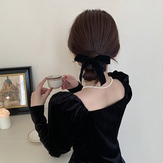 YOUMI 黑色秋冬雙面絲絨蝴蝶結飄帶髮圈簡約氣質綁頭髮女髮圈新款秋冬高階感頭繩發繩髮圈