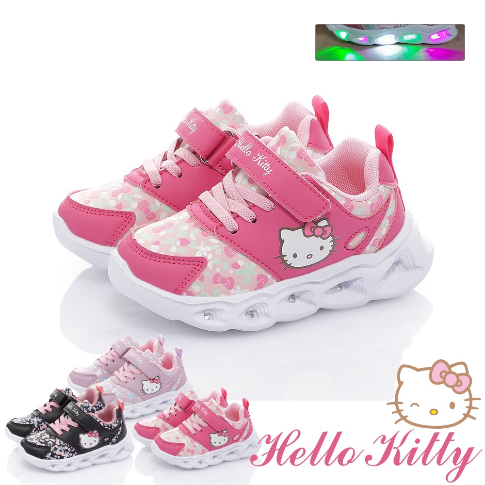 Hello Kitty童鞋16.5-20.5cm 休閒鞋 LED電燈透氣抗菌防臭小碎花款 紫.粉.黑色(聖荃官方旗艦店)