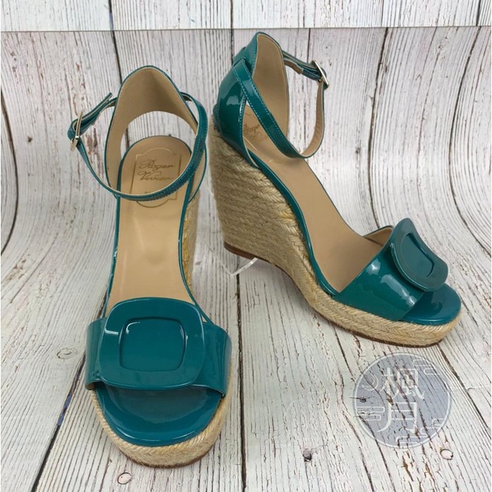 BRAND楓月 ROGER VIVIER 藍綠色 漆皮 經典方框裝飾 釦式 高跟鞋 鞋子 編織 楔型鞋 草鞋