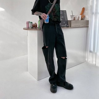【Shopdcc】 🇰🇷韓國刀割不敗款直筒牛仔褲 長褲 破壞 刀割 黑藍 修身 牛仔長褲 牛仔褲 窄版