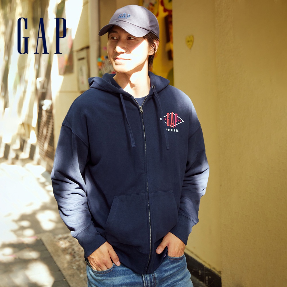 Gap 男女同款 Logo運動長袖外套 碳素軟磨法式圈織系列-藏藍色(447759)