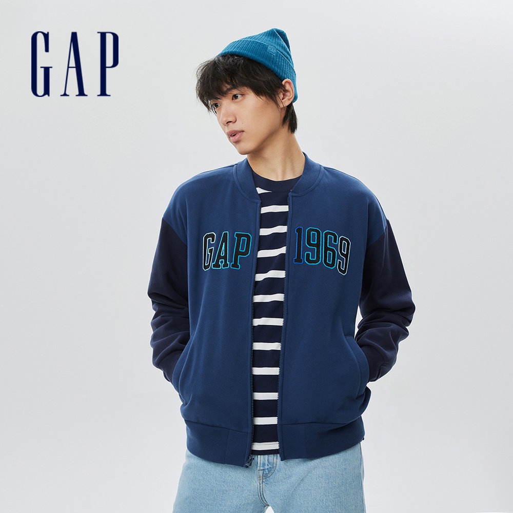 Gap 男女同款 Logo寬鬆刷毛長袖外套 碳素軟磨系列-藏藍色(505393)
