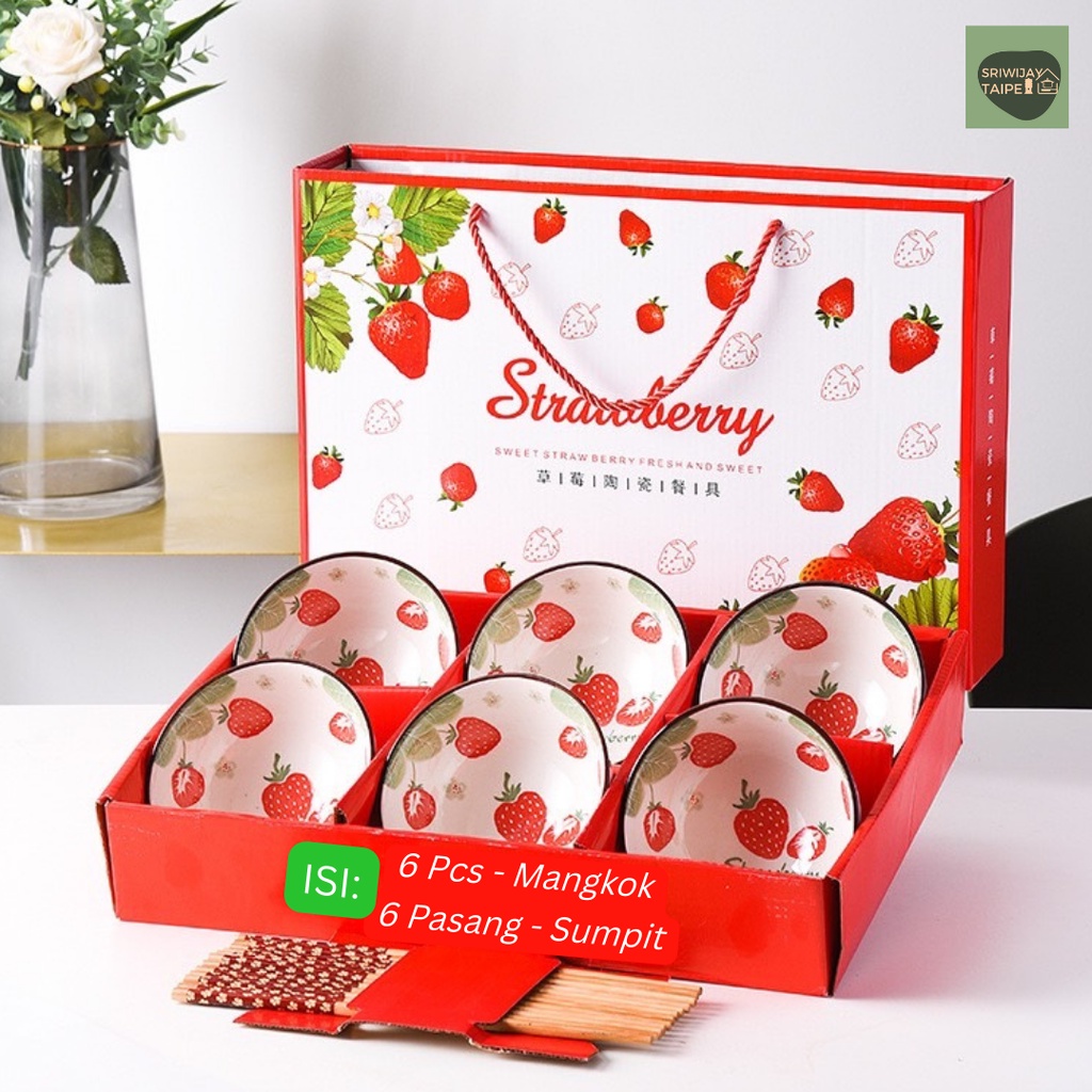 MANGKOK Keramik STRAWBERRY Bowl cuties SET 6 + SUMPIT 可愛草梅碗