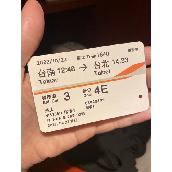 高鐵票根 2022/10/22 台南-台北