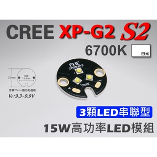 EHE】CREE XP-G2 S2白光6700K【3顆LED串聯型15W高功率模組】搭25mm鋁基。3倍亮度，超越R5