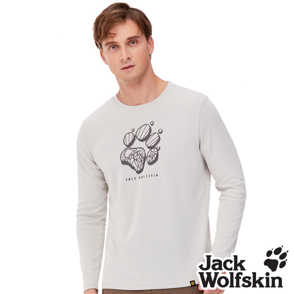 【Jack wolfskin 飛狼】男 竹碳溫控 圓領長袖排汗衣 狼爪T恤『米白』