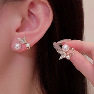 韓國淺蝴蝶珍珠花朵耳釘/女士時尚水晶耳環優雅奢華珠寶