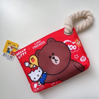 ♥踏踏小舖♥正版授權 Line friends x Hello kitty 聯名系列帆布抽繩收納包 化妝包 筆袋文具袋