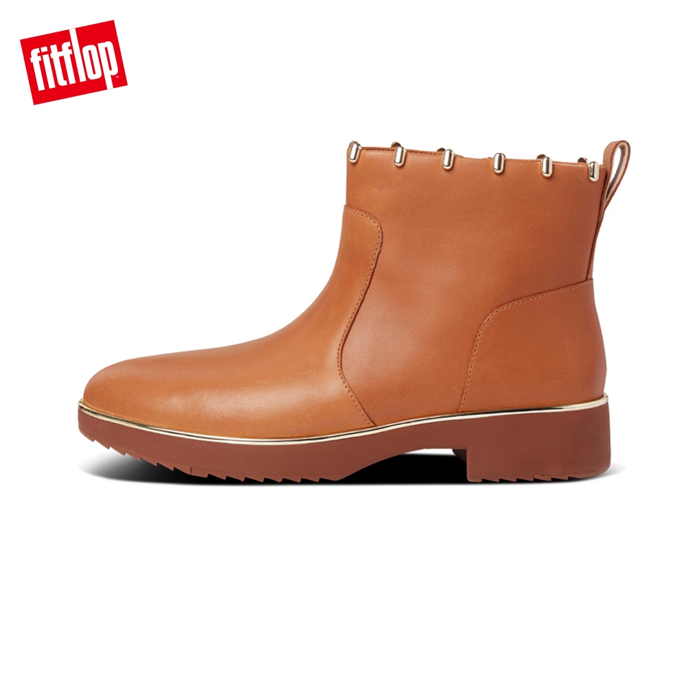 【FitFlop】JACINTA ART STUD ANKLE BOOTS 柔軟皮革拉鍊裸靴-女(淺褐色)