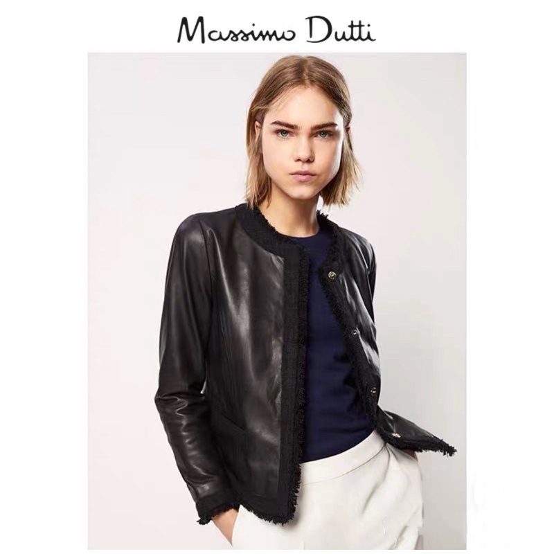 Massimo Dutti  全新小香風滾邊裝飾立領皮衣小外套真皮皮衣xs s l