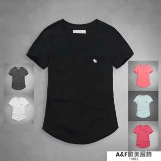 AF 女生 短T V領刺繡小鹿口袋 A&F 短袖T恤 麋鹿 短Tee 精梳純棉 短袖T-Shirt