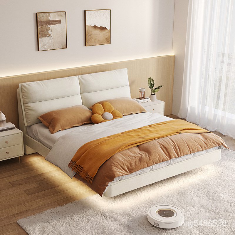 奶油風懸浮床現代簡約科技佈床1.8m主臥雙人軟包實木婚床 高腳床 鐵床架 雙層床 上下床 儲物多功能床架 YX