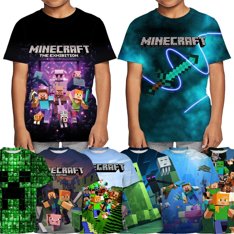 Minecraft 遊戲印花 T 恤男孩 Minecraft 卡通人物印花頸襯 3-13 歲青少年生日派對禮物