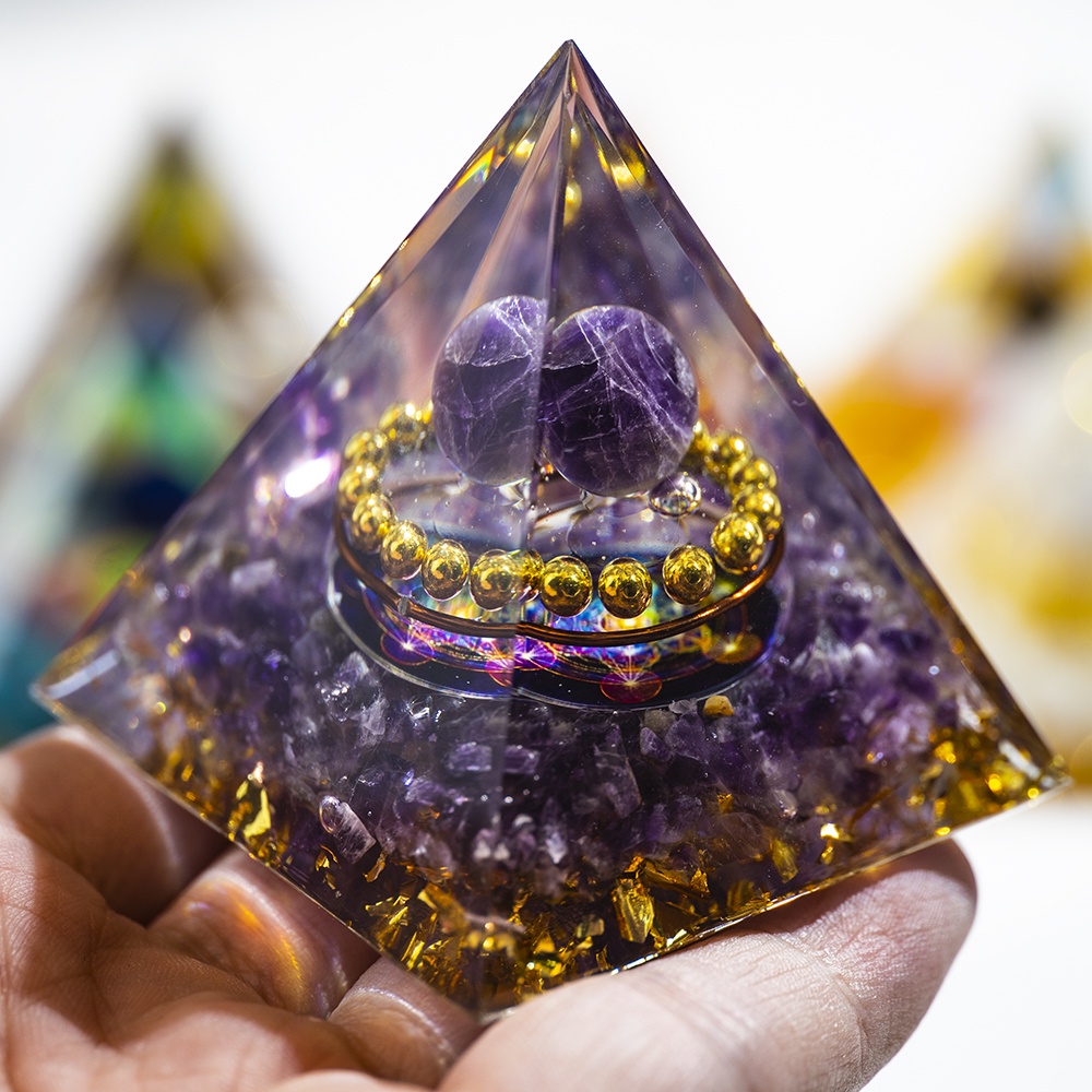 天然水晶能量發生器金字塔橄欖石紫水晶水晶脈輪樹脂金字塔冥想工具房間裝飾