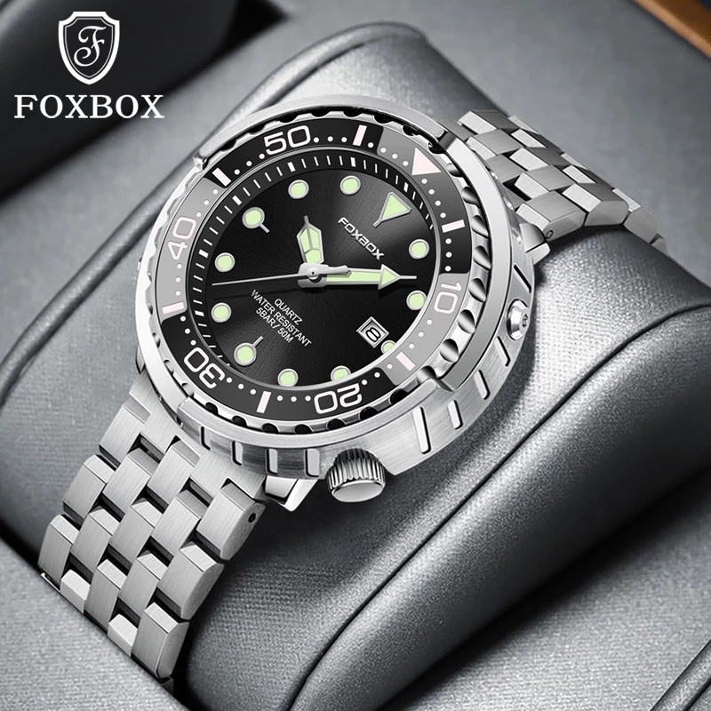 FOXBOX男士手錶時尚不銹鋼錶帶防水計時多色商務男生腕錶