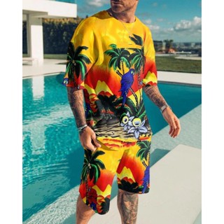 3d列印男士夏季夏威夷風沙灘t恤和短褲兩件套o領衣服時尚透氣