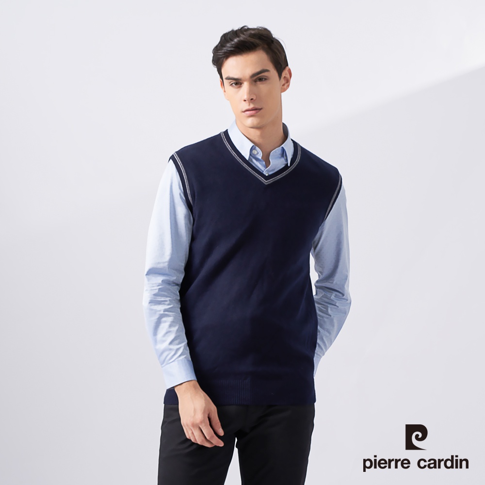 【pierre cardin 皮爾卡登】男款 羊毛混紡素色V領毛衣背心-丈青色 (7225461-39)