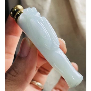 天然A貨緬甸玉 芙蓉種 淡綠底色一鳴驚人翡翠短菸鬥/煙嘴/煙鬥