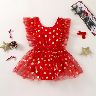 Babygarden-0-18 個月女嬰聖誕連身衣,飛袖圓領圓點印花休閒秋季夏季短裙連身衣