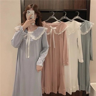 【簡美麗人】女生睡裙 蝴蝶結睡裙 睡衣 娃娃領 可愛風居家服 睡裙睡衣 休閒長裙 寬鬆舒適長袖連身裙 純棉 中長睡裙