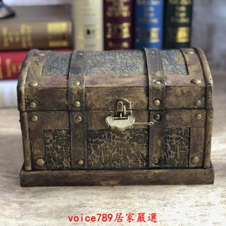 收納盒 木箱 攝影道具 首飾盒 復古木盒 仿古海盜箱黃金色藏寶箱配鎖古典木箱子復古收納盒老式木頭儲物箱