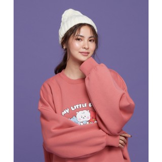 野獸國｜BT21 泡泡袖寬鬆刷毛大學T Oversize 寬版 長袖 內刷毛 粉紅