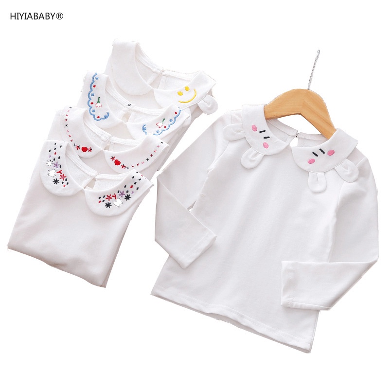 1-6歲 童裝女童娃娃領長袖T恤純棉寶寶白色打底衫兒童上衣