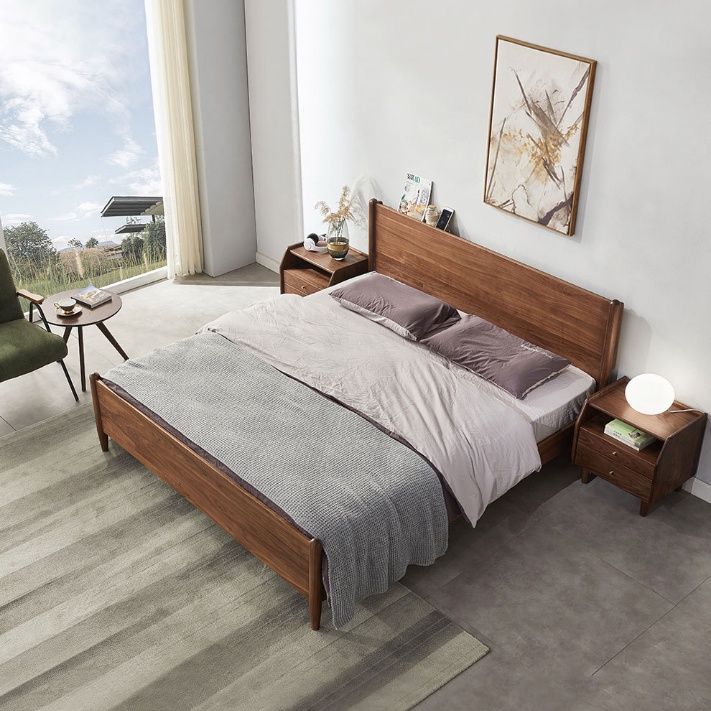 北歐實木床1.8米雙人床1.5米北美黑衚桃木床 現代簡約實木臥室床 高腳床 鐵床架 雙層床 上下床 儲物多功能床架 VX