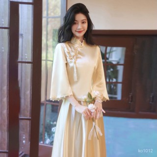 優選好物 伴娘服中式新款姐妹團長袖僊氣高級緞麵年會活動大碼秀禾禮服 LINC