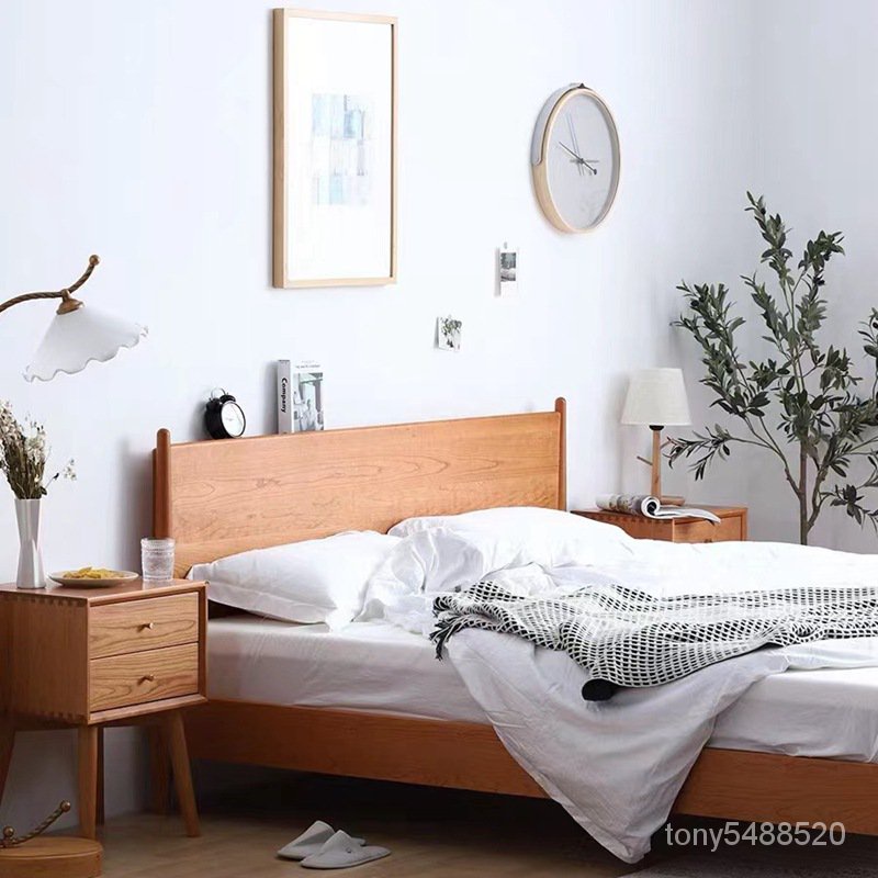 北歐櫻桃木實木床1.8米簡約日式白橡木原木傢具單人主臥1.5雙人床 高腳床 鐵床架 雙層床 上下床 儲物多功能床架 QC