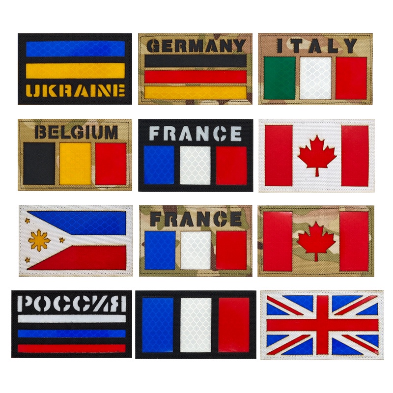 紅外反射國旗徽章反光布貼帶魔術貼士氣章加拿大法國德國菲律賓義大利旗幟補丁 用於服裝背包裝飾
