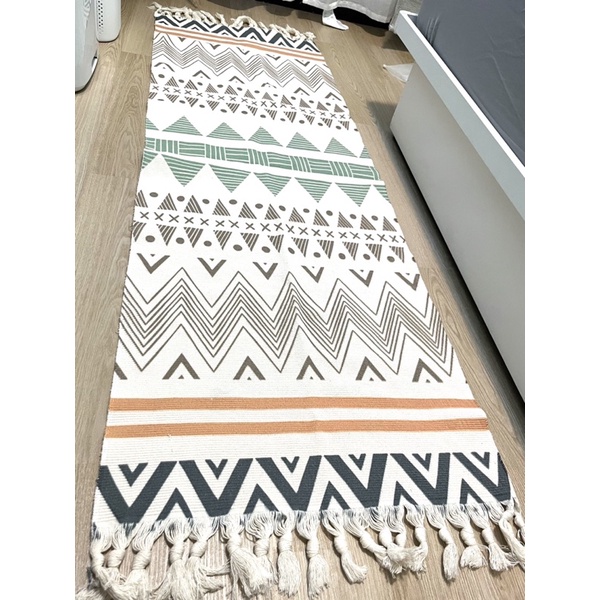 二手近新 編織地毯 流蘇地毯 米色圖騰雙面 約188cm*60cm 長型地毯 地墊 斷捨離便宜賣