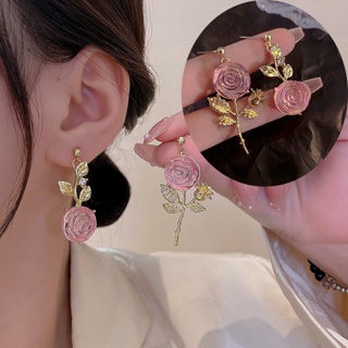 S925銀針韓國璀璨玫瑰不對稱蛋白石耳環2022時尚耳釘